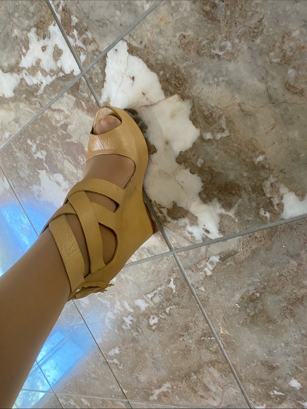 Dolce Vita Mustard Tan Strappy Peep-Toe Wedge Heels